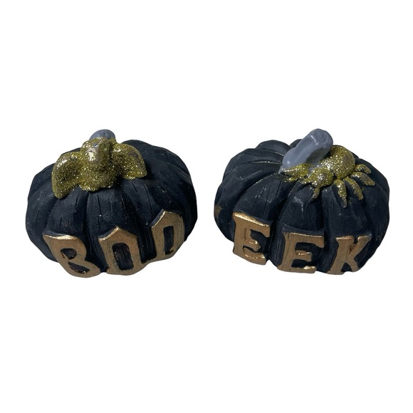 Boo Eek Black & Gold Pumpkin Set of 2 Concrete 4” x 3.5” Decor - Picture 2 of 14